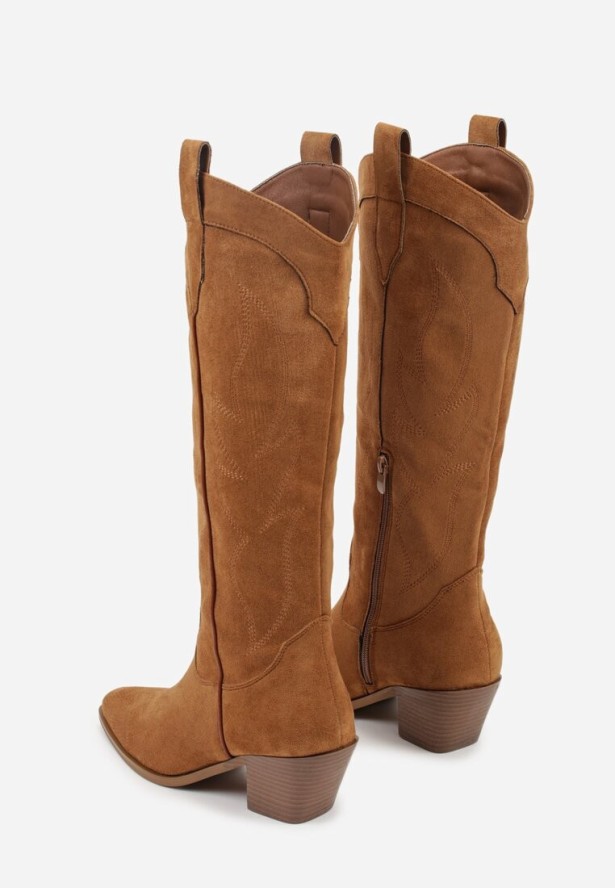 Jasnobrązowe Kozaki Kowbojki na Stożku z Haftem na Cholewce Gallessa