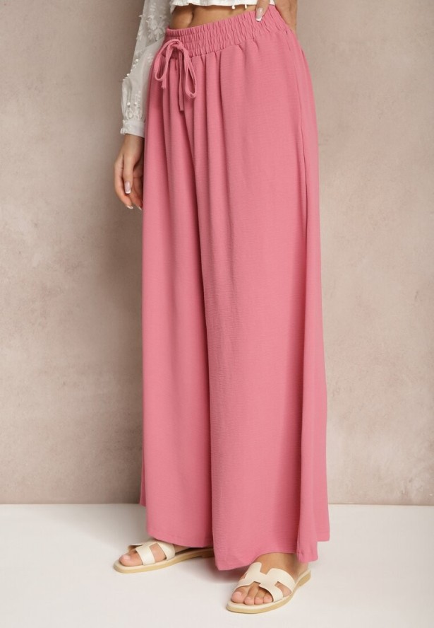Różowe Spodnie Palazzo o Szerokim Kroju Ozdobione Sznurkiem Ularira