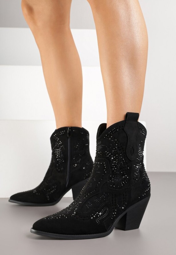 Czarne Kowbojki Botki Ozdobione Cyrkoniami na Stożkowym Słupku Tulmira