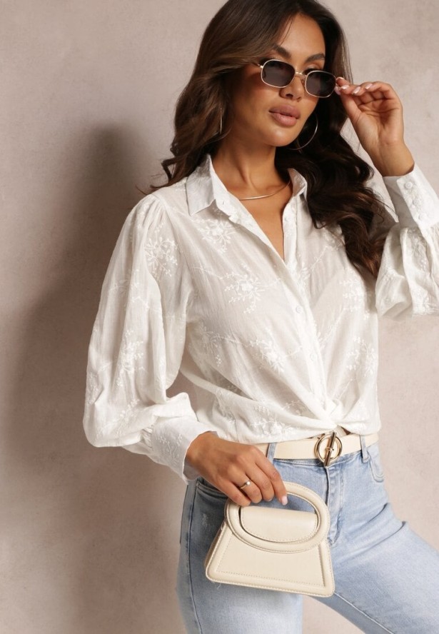 Biała Prześwitująca Koszula z Bawełny Ozdobiona Haftem Zolihe