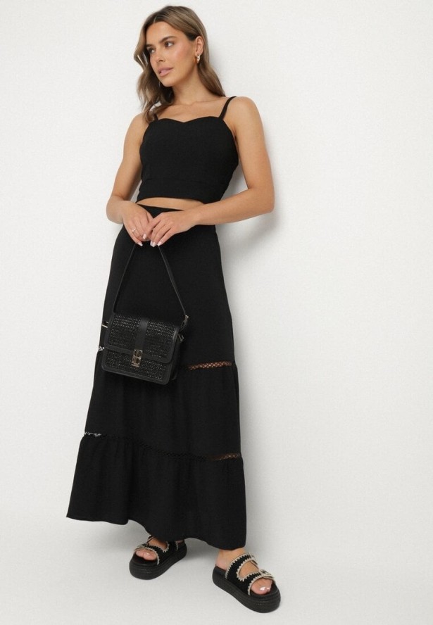 Czarny Komplet z Dopasowanym Topem i Rozkloszowaną Spódnicą Addira