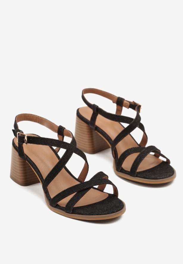 Czarne Sandały na Obcasie z Ozdobnymi Paskami Asfitra