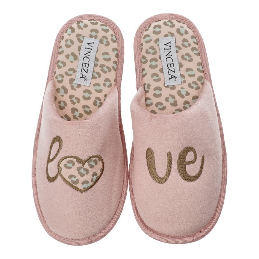 Kapcie damskie Vinceza, pantofle ocieplane z futerka z ozdobami, różowe, 19960-PN