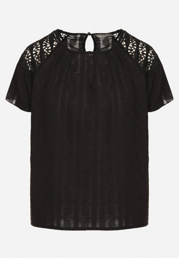 Czarna Bawełniana Bluzka Ozdobiona Ażurowymi Wstawkami Viandisa