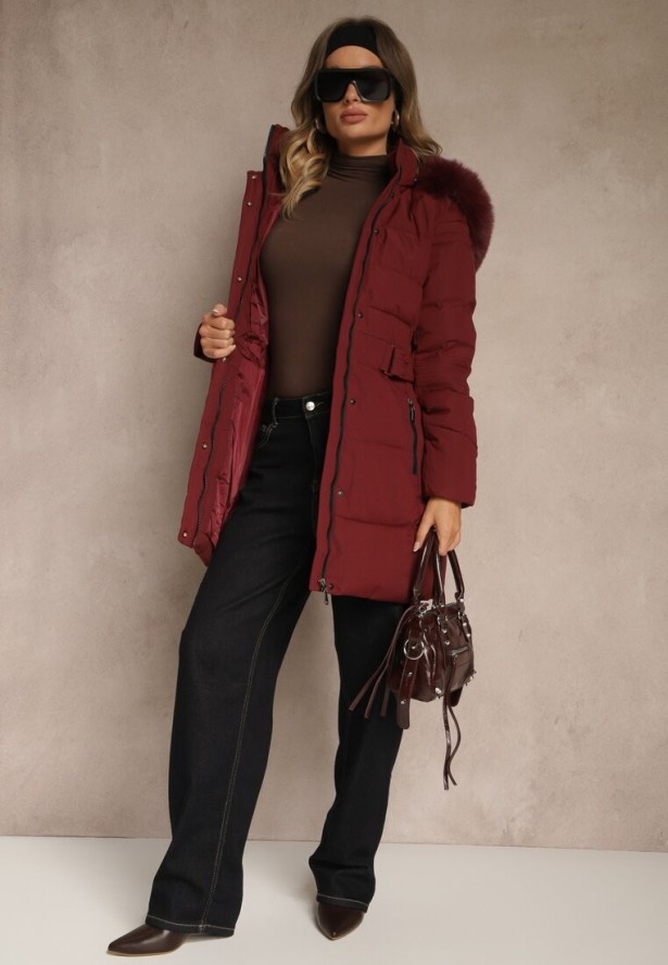 Bordowa Pikowana Kurtka Zimowa z Kapturem z Futerkiem Goella