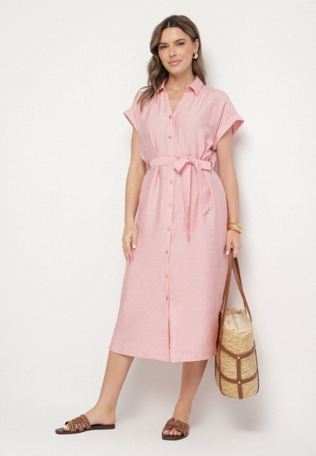 Różowa Wiskozowa Sukienka Koszulowa z Paskiem Rinaruna
