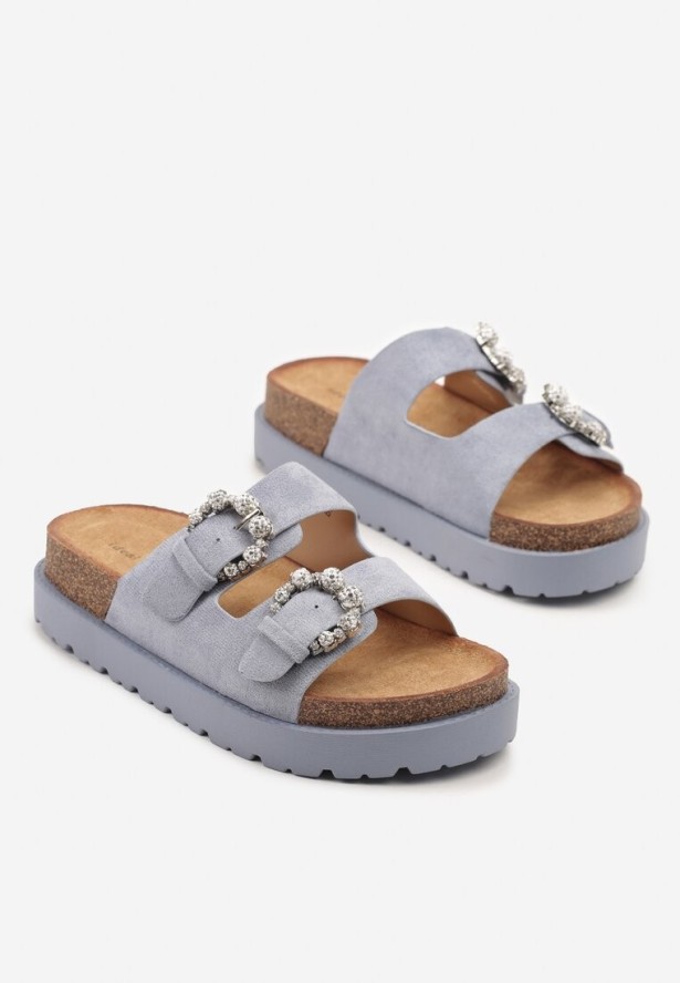 Niebieskie Klapki na Platformie z Korka Ozdobione Cyrkoniami Orrisca
