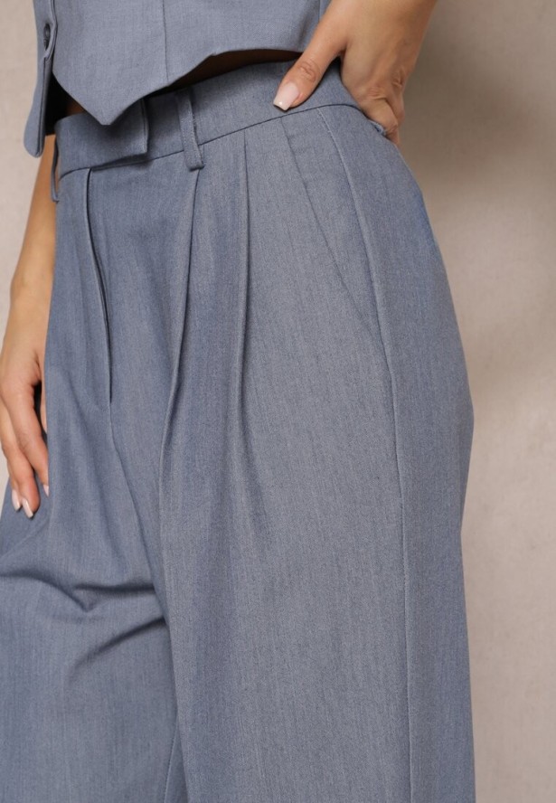 Niebieskie Spodnie High Waist w Garniturowym Stylu z Kieszeniami Junife