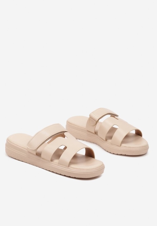 Beżowe Płaskie Klapki z Geometryczną Cholewką Nonareth