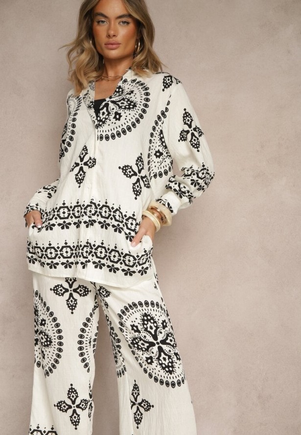 Beżowo-Czarny Komplet z Wiskozy w Ornamentalny Print Koszula i Szerokie Spodnie Pasniela