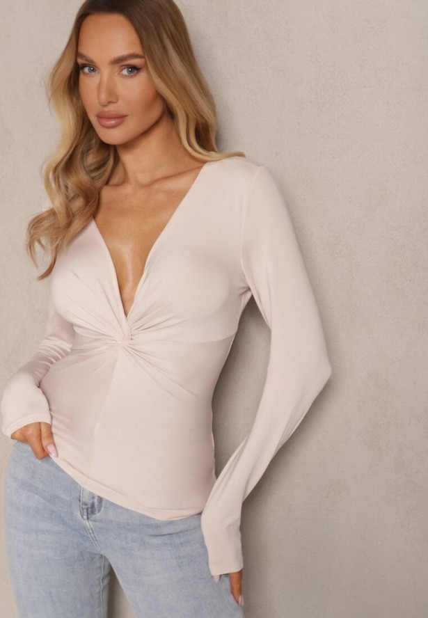 Beżowa Bluzka z Wiskozą Ozdobiona Marszczeniem Acceria