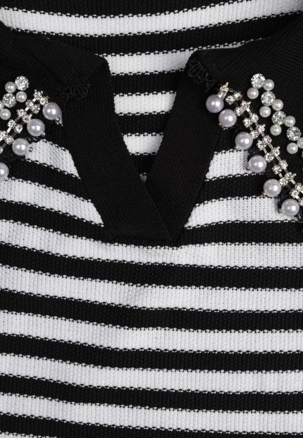 Czarno-Biała Bluzka w Paski z Wiskozy Kołnierzyk Ozdobiony Cyrkoniami i Perełkami Lexara