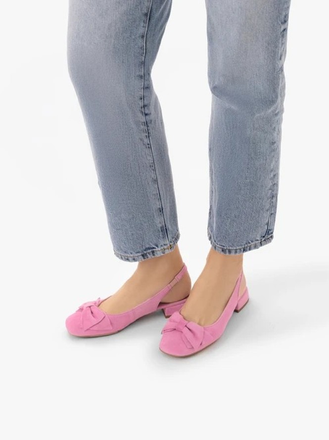 Różowe czółenka slingback bez pięty z kokardką