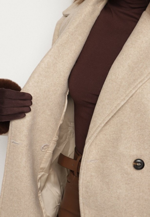 Beżowy Dwurzędowy Płaszcz Oversize z Wełny i Wiskozy w Eleganckim Stylu Tiliavia