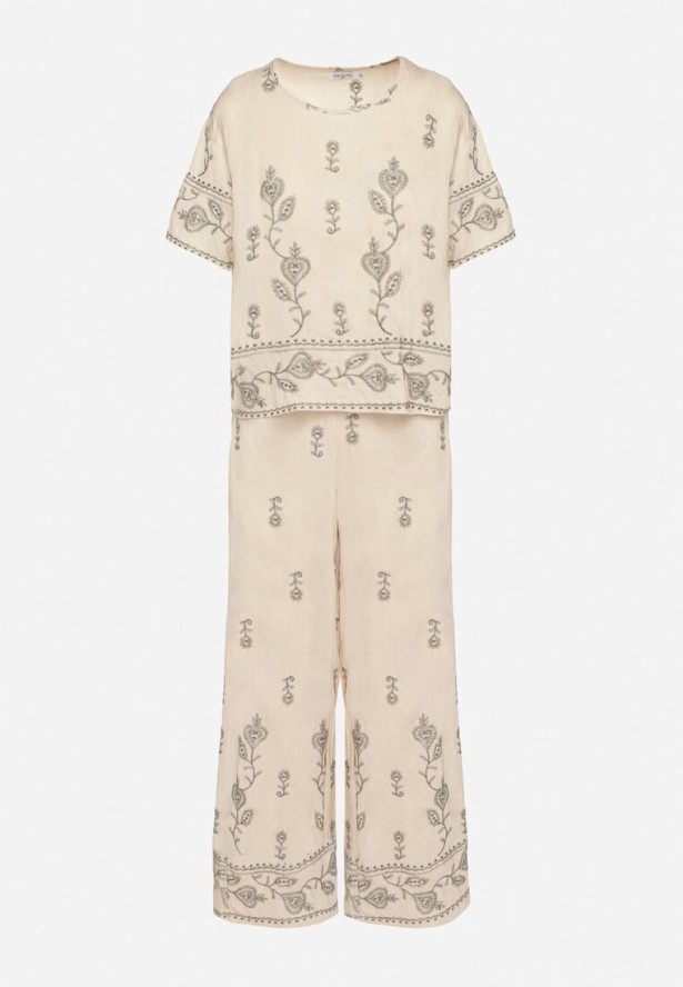 Beżowy Komplet z Wiskozy Zdobiony Haftem T-shirt i Szerokie Spodnie Tezonea