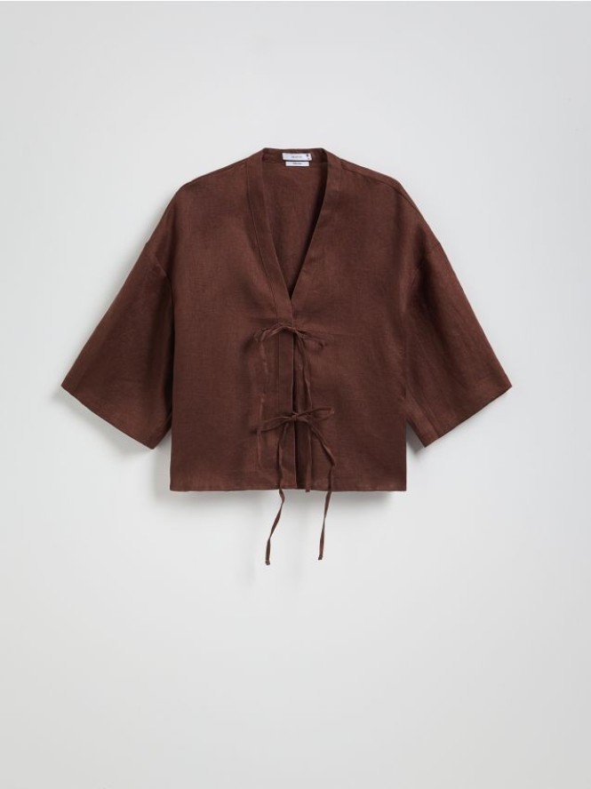 Lniana bluzka z wiązaniami - ciemnobrązowy