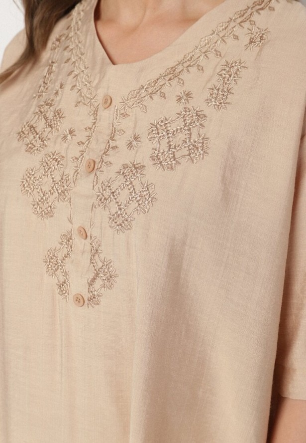 Beżowa Bawełniana Bluzka z Ozdobnym Haftem Rinevra