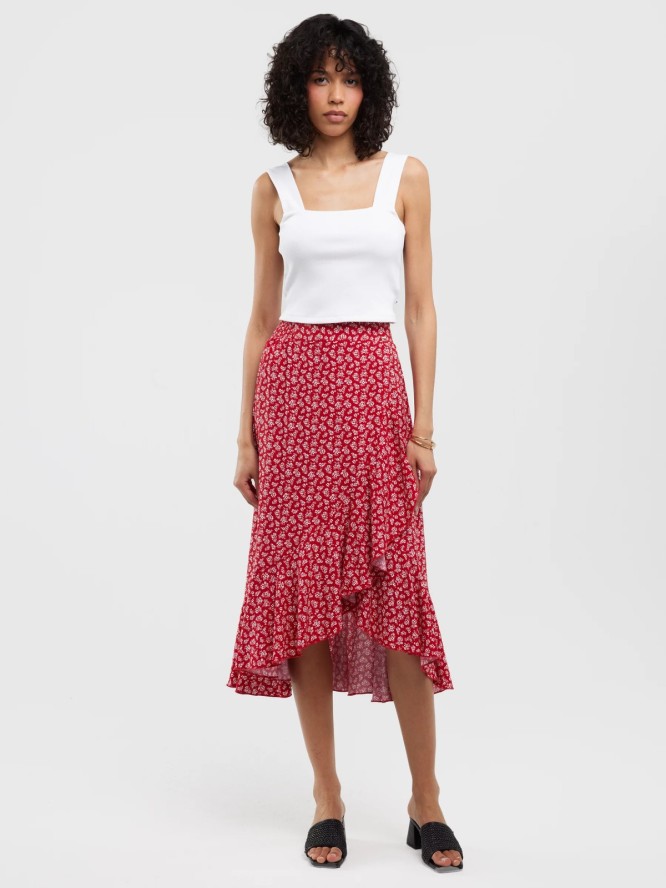 Spódnica damska midi z wiskozy z falbaną czerwona Tyla 603