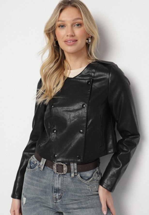 Czarna Kurtka Ramoneska z Ozdobnymi Guzikami Sesiania