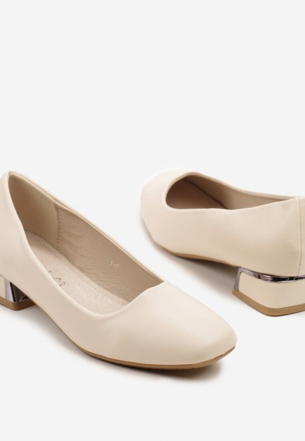 Beżowe Czółenka na Niskim Słupku z Wkładką ze Skóry Naturalnej Niline