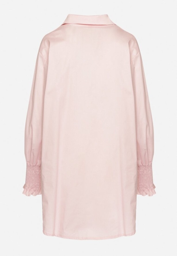 Jasnoróżowa Bawełniana Koszula z Marszczonymi Rękawami i Falbankami Tanandoria