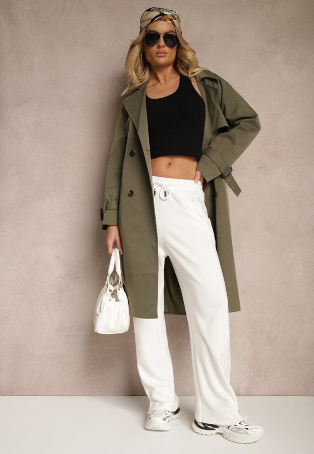 Zielony Dwurzędowy Płaszcz Trencz z Paskiem Ninnolia