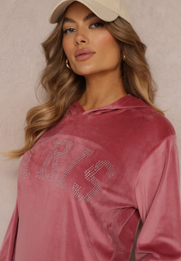 Ciemnoróżowy 2-częściowy Welurowy Komplet Dresowy z Bluzą i Spodniami Yamiya