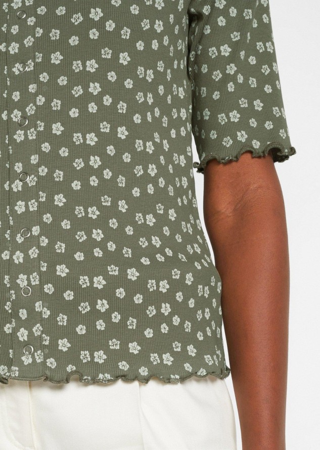 Prążkowany T-shirt z kwiatowym nadrukiem, półdługie rękawy