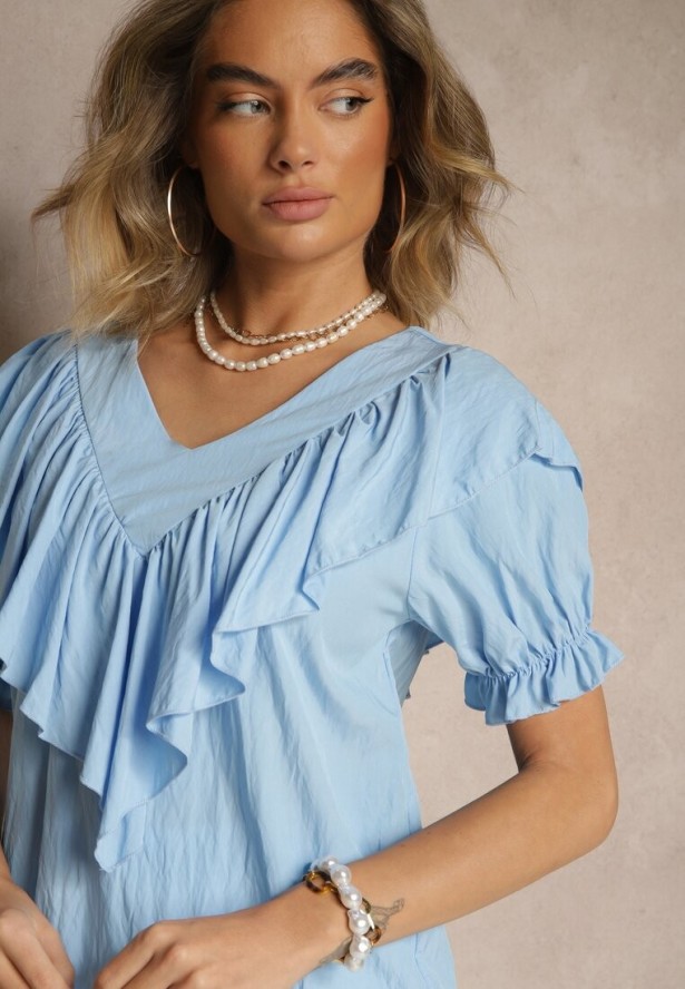 Jasnoniebieska Bluzka z Wiskozą Ozdobiona Falbankami Fadelena