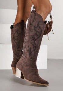 Brązowe Kozaki Kowbojki na Stożku z Cholewką z Cyrkoniami Nalikka