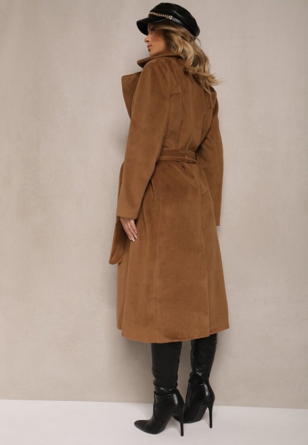 Brązowy Długi Płaszcz Jednorzędowy z Paskiem w Talii Zeneti