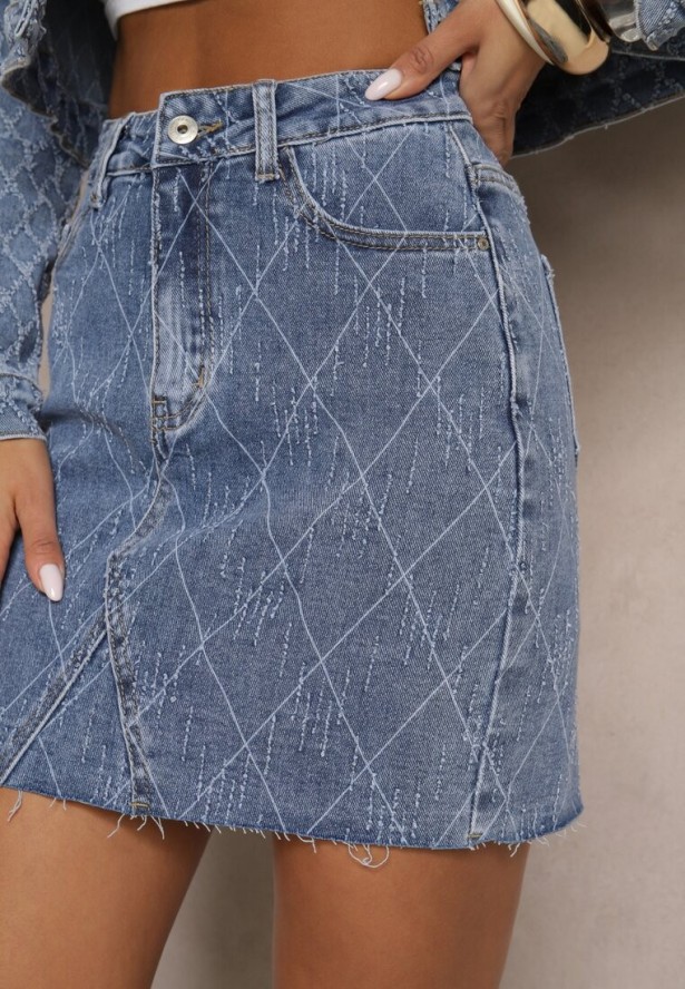 Niebieska Spódnica Jeansowa z Bawełny High Waist Ozdobiona Przetarciami Arionis