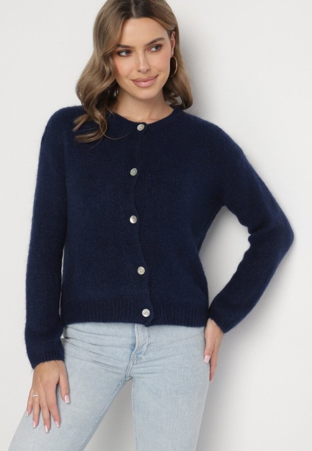 Granatowy Klasyczny Kardigan z Wełną i Moherem Noloria