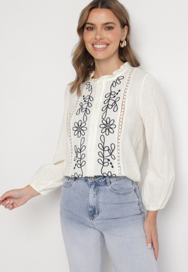 Beżowa Koszula z Bawełną i Wiskozą Ozdobiona Haftem Nalaviris