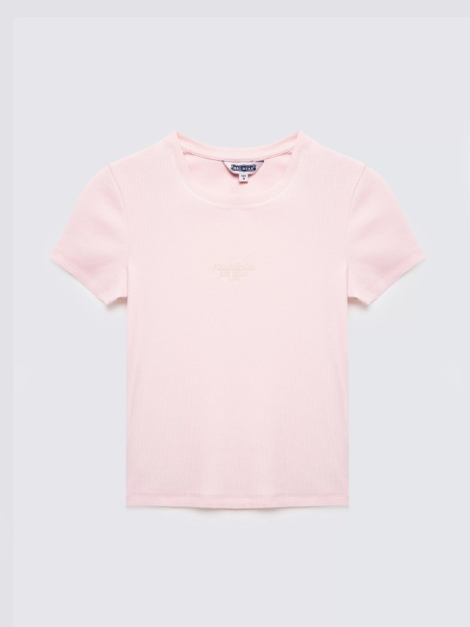 Koszulka damska w prążek z haftem różowa Clarsa 600