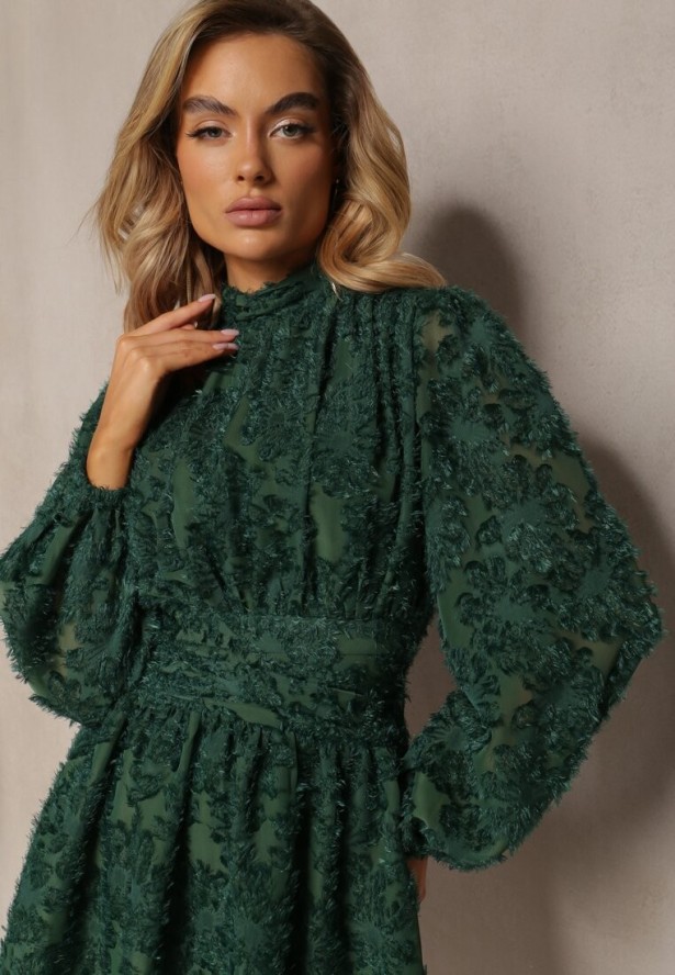 Zielona Koronkowa Sukienka Mini z Gumką w Pasie Netta