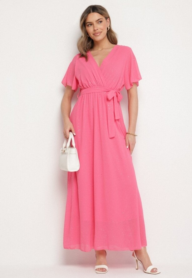 Fuksjowa Brokatowa Sukienka Koktajlowa Ozdobiona Paskiem Ziliane