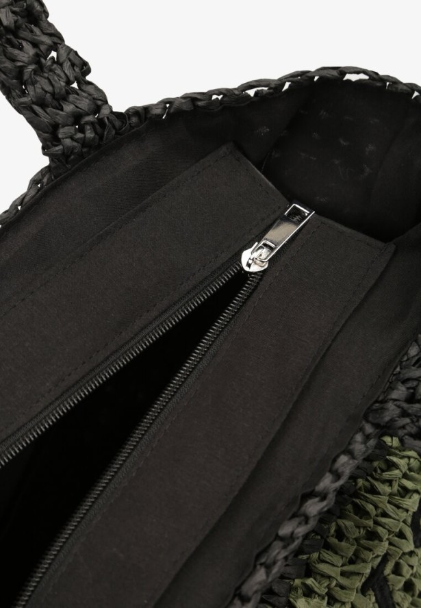 Zielono-Czarna Pleciona Torebka w Stylu Boho Ozdobiona Napisem Oegelia