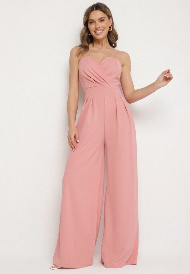 Różowy Kombinezon z Trójkątnym Dekoltem na Cienkich Ramiączkach Iliantia