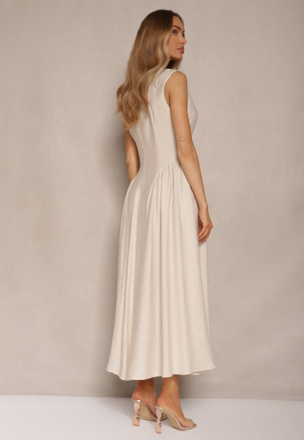 Beżowa Rozkloszowana Sukienka z Wiskozy Lirune