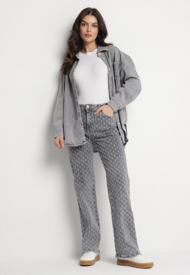 Szare Szerokie Jeansy z Wysokim Stanem Zdobione Tłoczonymi Przetarciami Ulindra