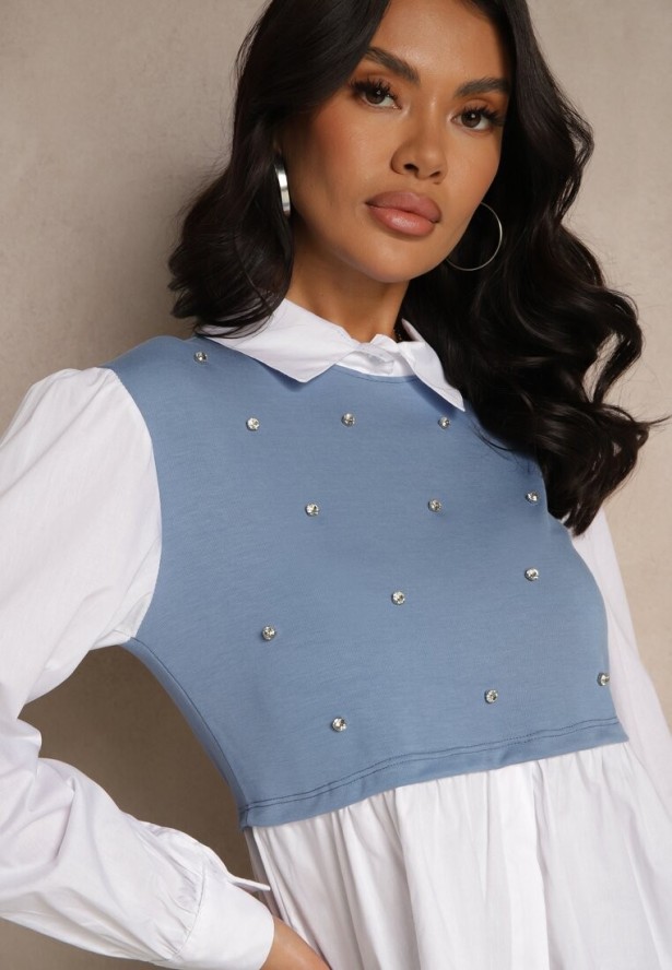 Niebieska Koszulowa Bluzka z Wiskozą o Rozkloszowanym Kroju z Wszytą Kamizelką Uliadorella
