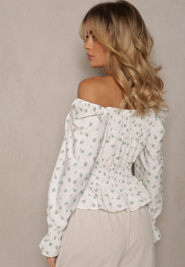 Biało-Zielona Bluzka z Falbankami przy Rękawach Wykończona Gumką w Pasie Naliaria