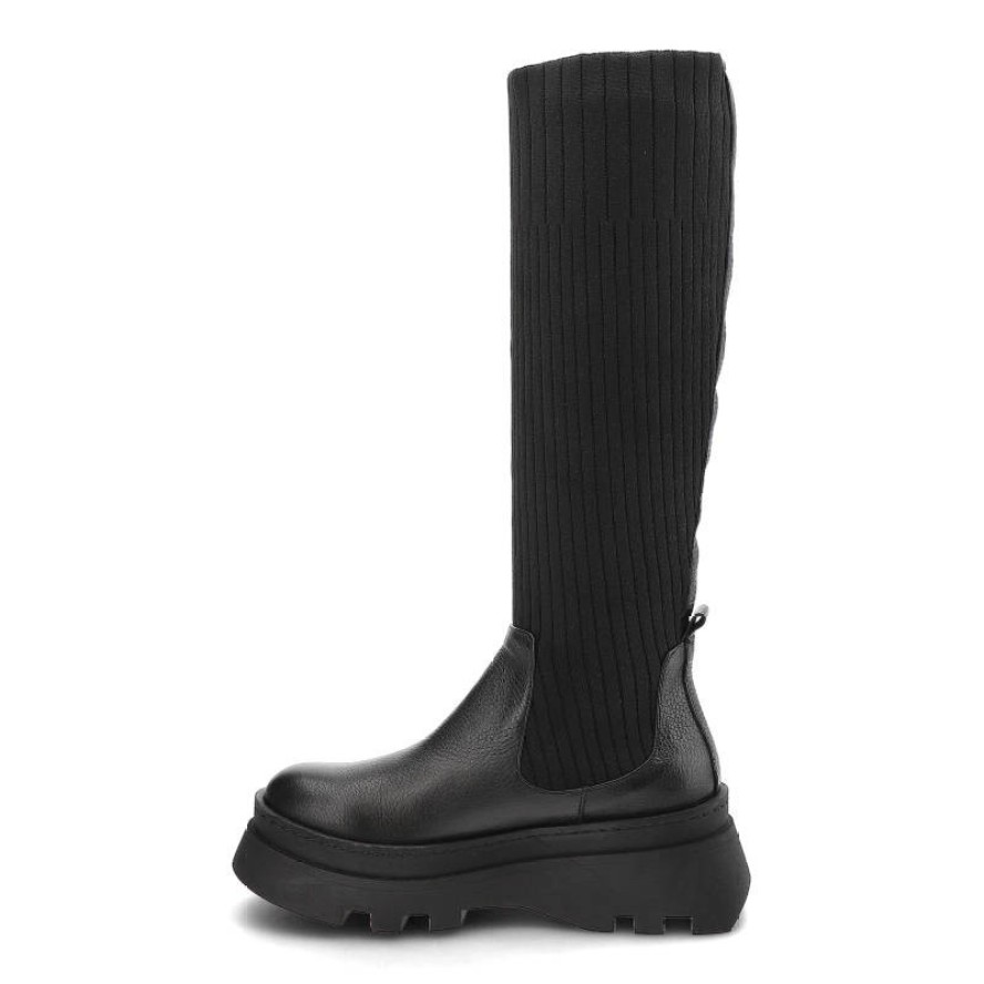 Kozaki damskie Artiker, wysoka elastyczna cholewka z dzianiny dolna część ze skóry wsuwana konstrukcja, black, 49C0850