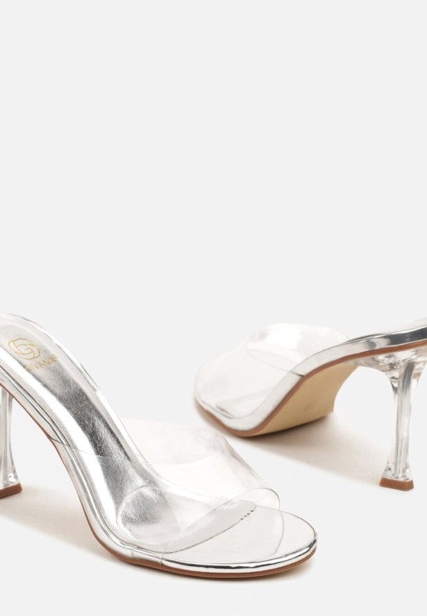 Srebrne Klapki na Szpilce z Transparentnym Obcasem i Paskiem Korimara