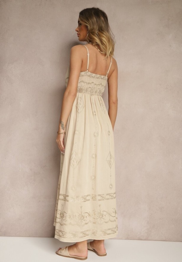 Beżowa Wiskozowa Sukienka o Rozkloszowanym Kroju na Ramiączkach z Haftem Uloranelia