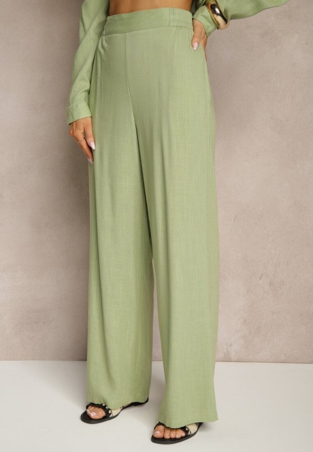 Zielony Komplet z Wiskozą Spodnie o Szerokim Kroju i Koszula Ściągana w Talii Divanea