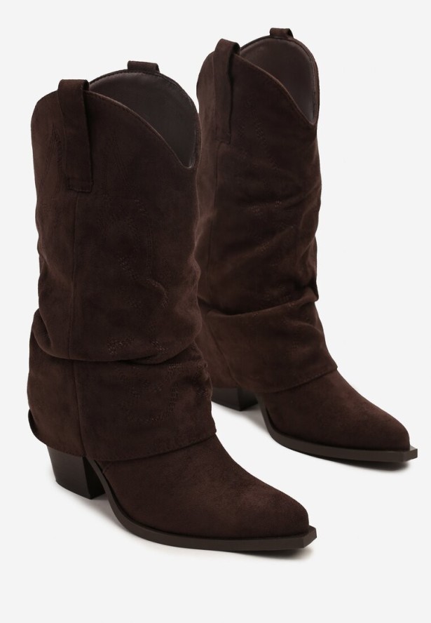 Ciemnobrązowe Botki Kowbojki z Cholewką Imitującą Nogawkę Zellaxie