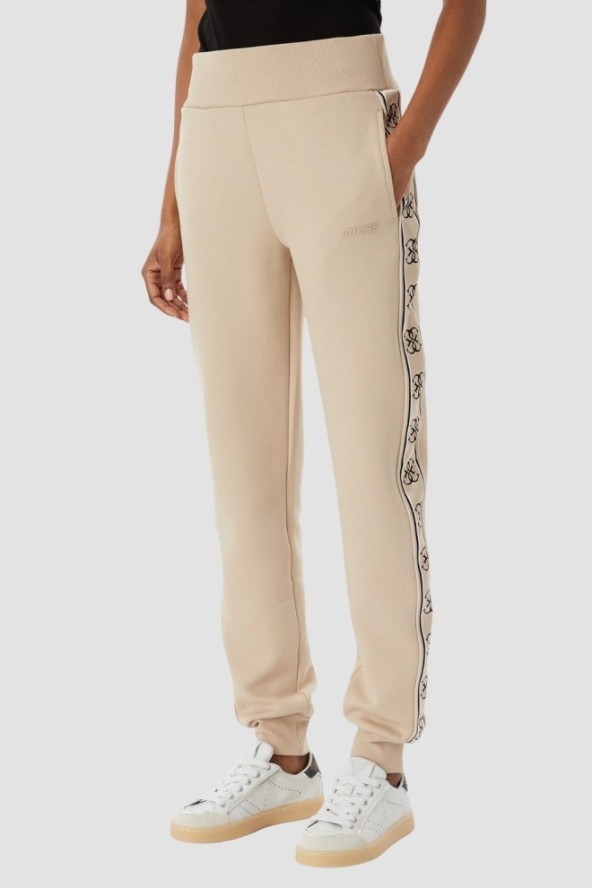 GUESS Beżowe damskie spodnie dresowe z lampasami Britney Jogger, Rozmiar M