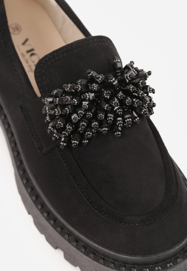Czarne Mokasyny z Biżuteryjnymi Koralikami Ellsara